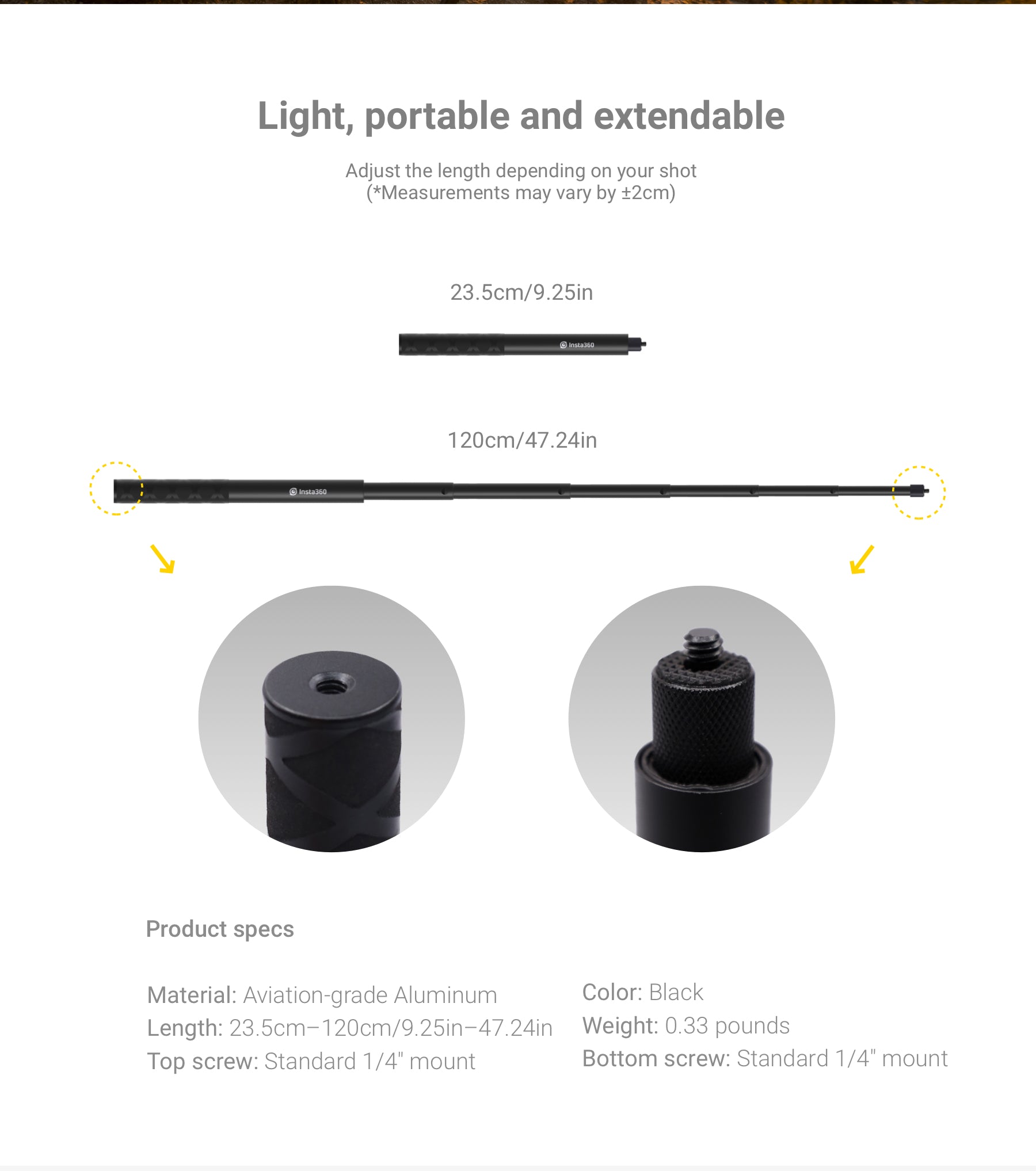 Insta360 Selfie Stick 114cm / 70cm for X4, GO 3S, Ace Pro, Ace, GO 3, X3, ONE RS 1-Inch 360 Edition, ONE RS (Twin/4K), GO 2, ONE X2, ONE R, ONE X
