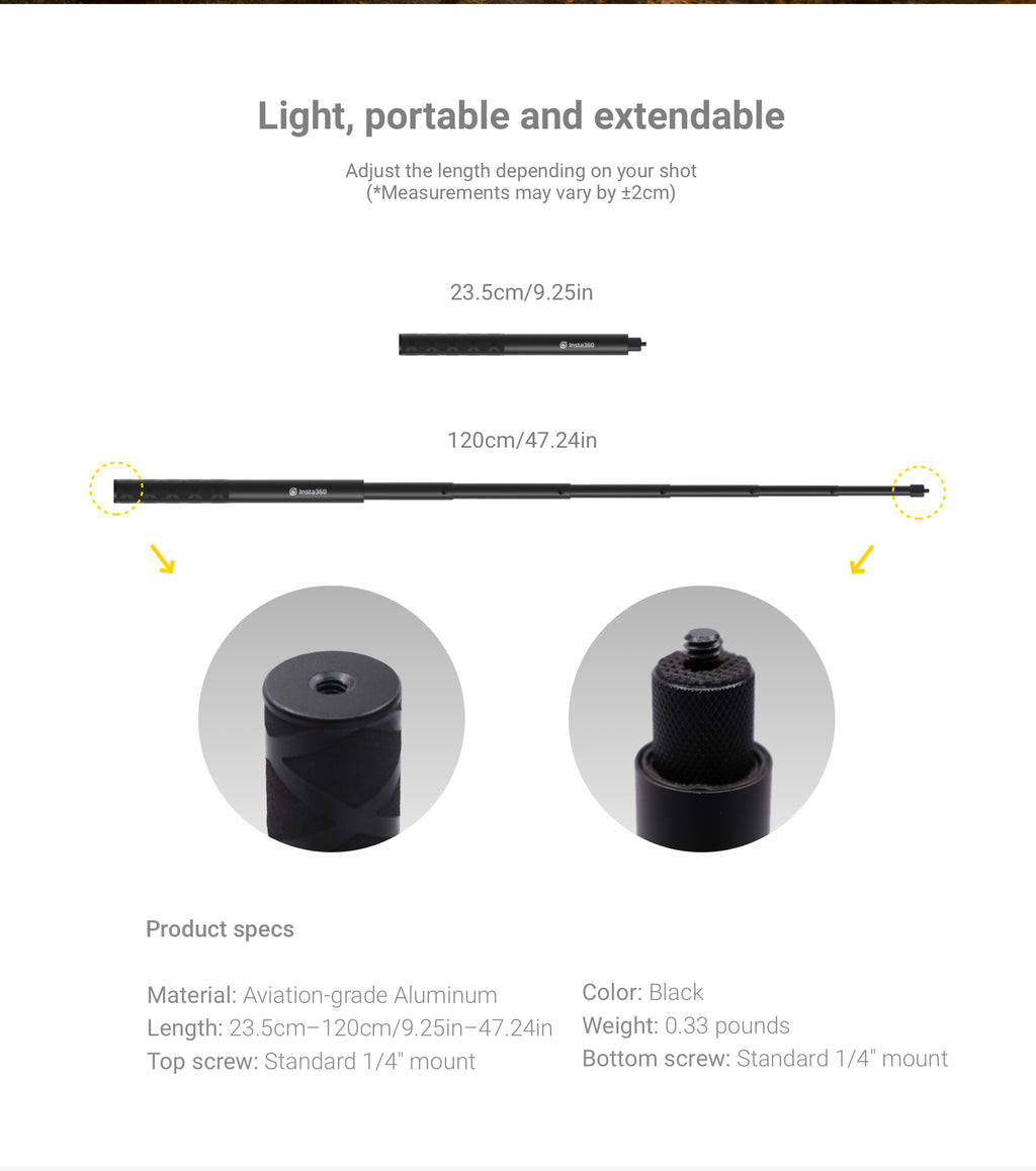 Insta360 Selfie Stick 114cm / 70cm for X4, GO 3S, Ace Pro, Ace, GO 3, X3, ONE RS 1-Inch 360 Edition, ONE RS (Twin/4K), GO 2, ONE X2, ONE R, ONE X