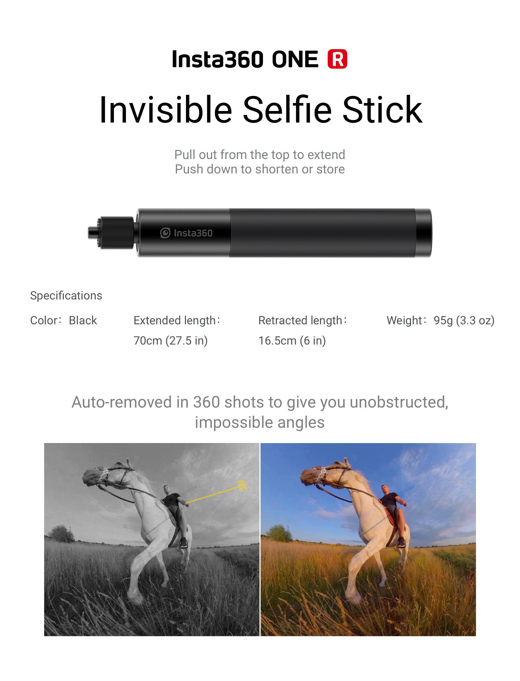 Insta360 Selfie Stick 114cm / 70cm for X4, GO 3S, Ace Pro, Ace, GO 3, X3, ONE RS 1-Inch 360 Edition, ONE RS (Twin/4K), GO 2, ONE X2, ONE R, ONE X